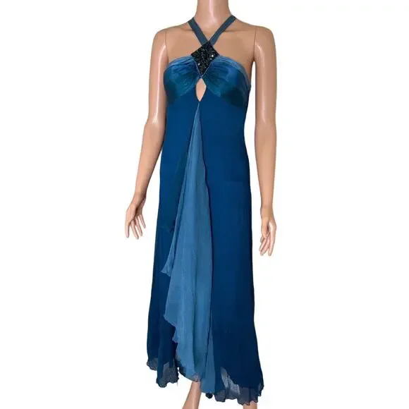 bebe | Dresses | Bebe Chiffon Dress Maxi Gauze Jeweled Sequined Halter Aqua  Blue Sz Xs | Poshmark
